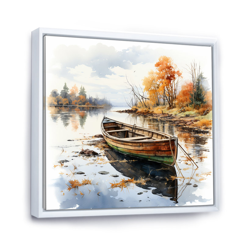Automne, tranquillité en canot au bord du lac I - Bateau de pêche, art mural, Cadre flottant blanc