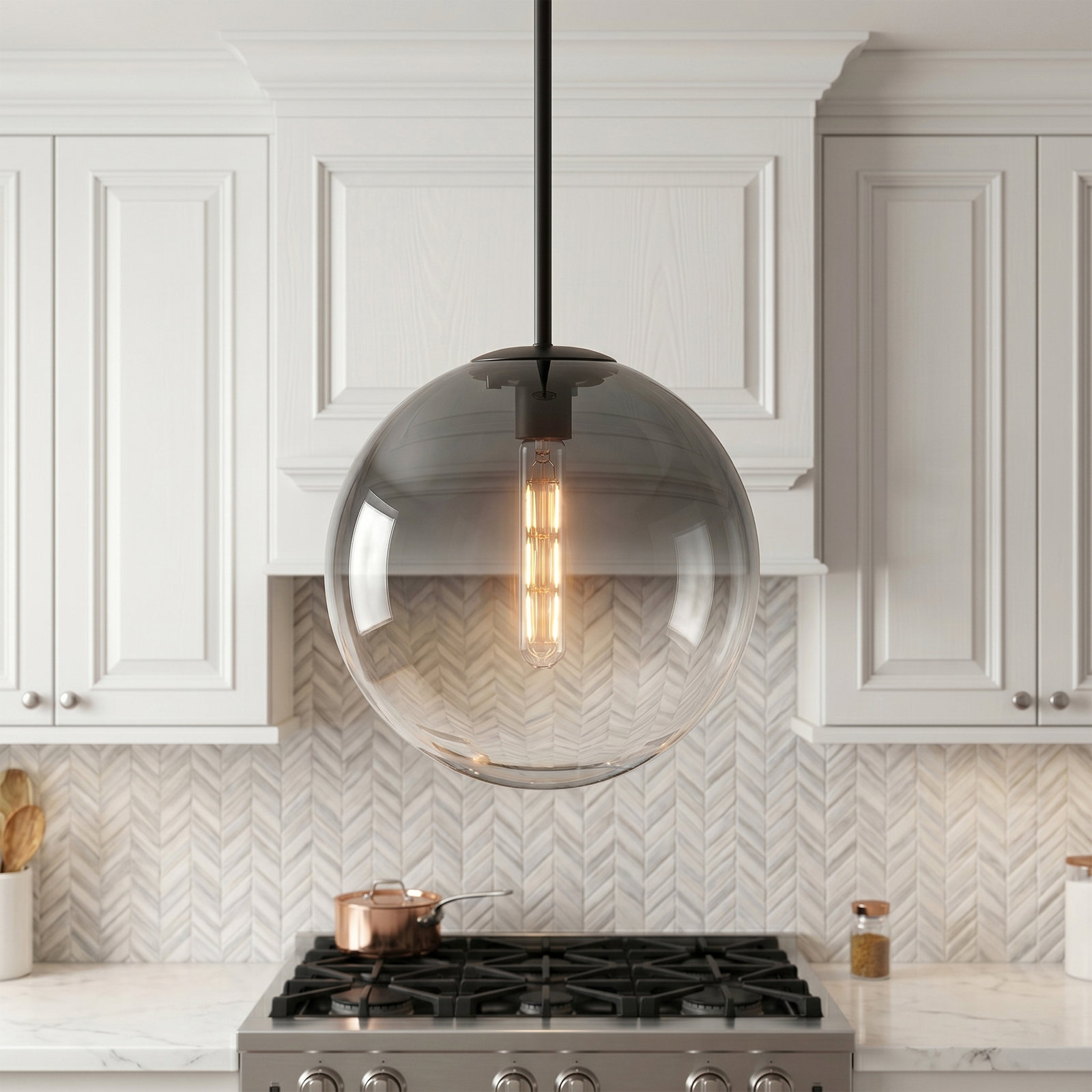 12" Glass Pendant Light, Matte Black, Black