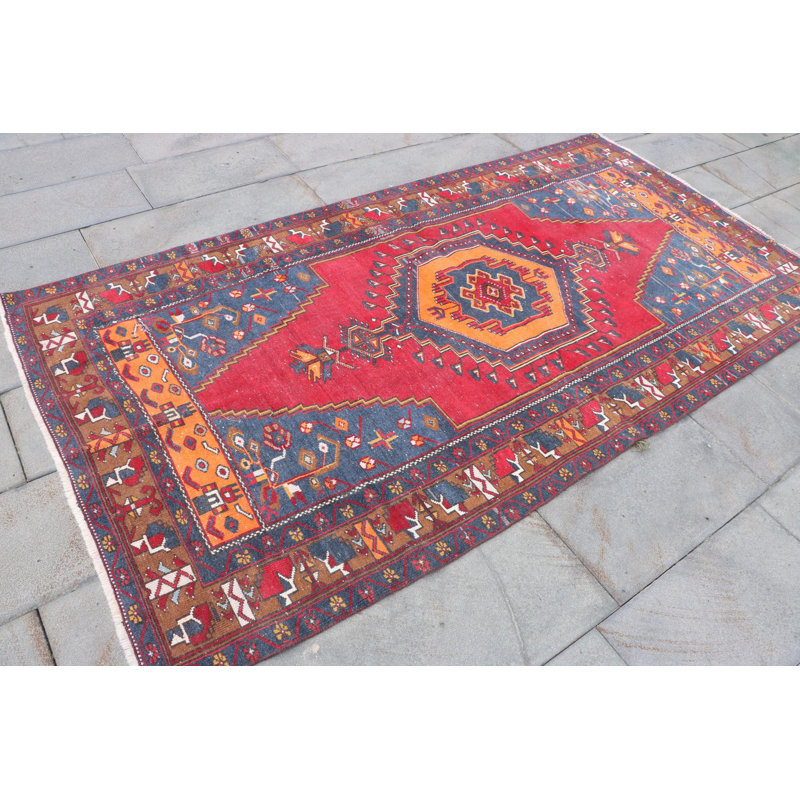 Tapis rétro rouge noué à la main de style anatolien turc rétro idéal pour la décoration de salon