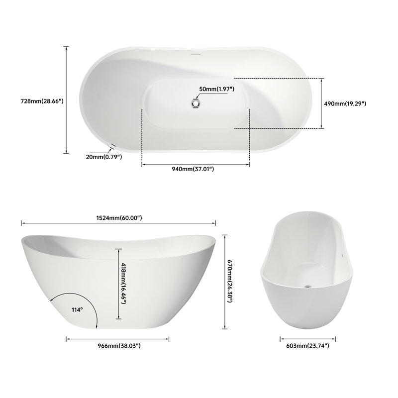Baignoire autoportante blanche en acrylique 6029 pouces de luxe, confortable et élégante, facile à nettoyer, surface ultrabrillante