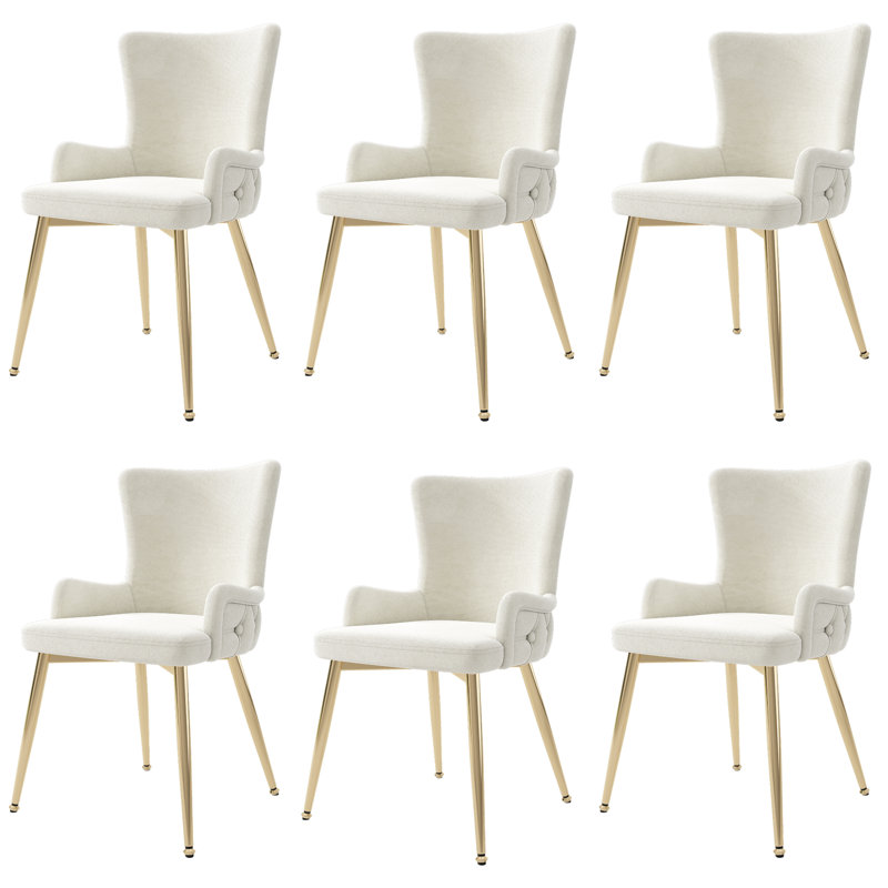 Velvet Upholstered Metal Armchair, Beige, Gold, 6