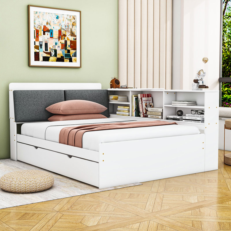 Wood Platform Bed with Twin Trundle, Storage Shelves and Headboard, Full, White