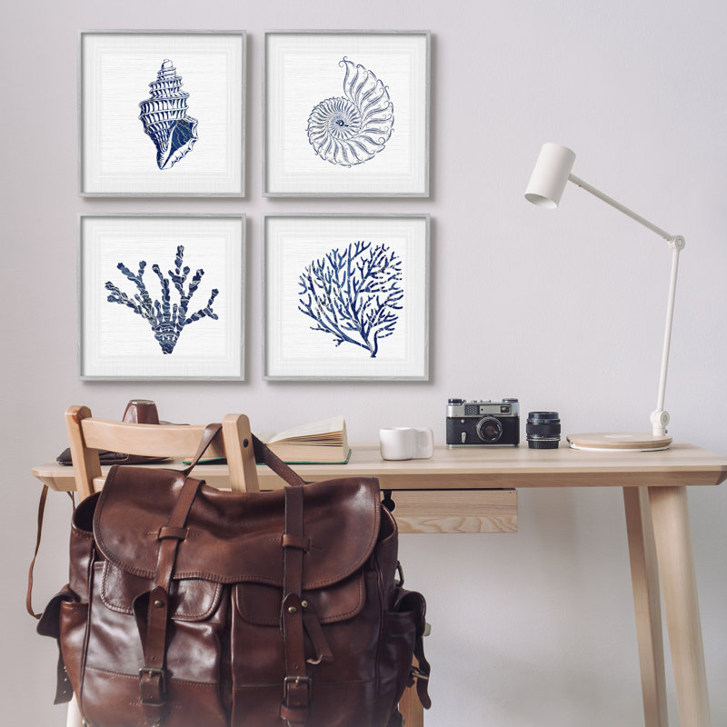 Minimal Blue Sea Life, impression sur bois 4 pièces, H 17 po x l 68 po x P 1,5 po, Estampe numérique Farmhouse
