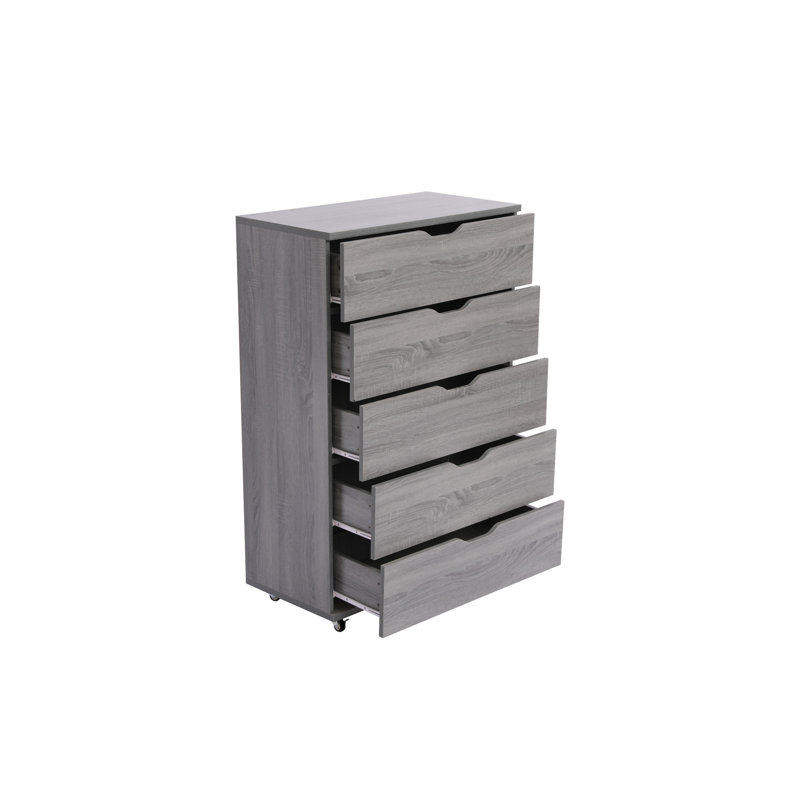 Commode à 5 tiroirs grise avec roulettes - Armoire de rangement moderne (comprend la commode seulement et non le miroir)