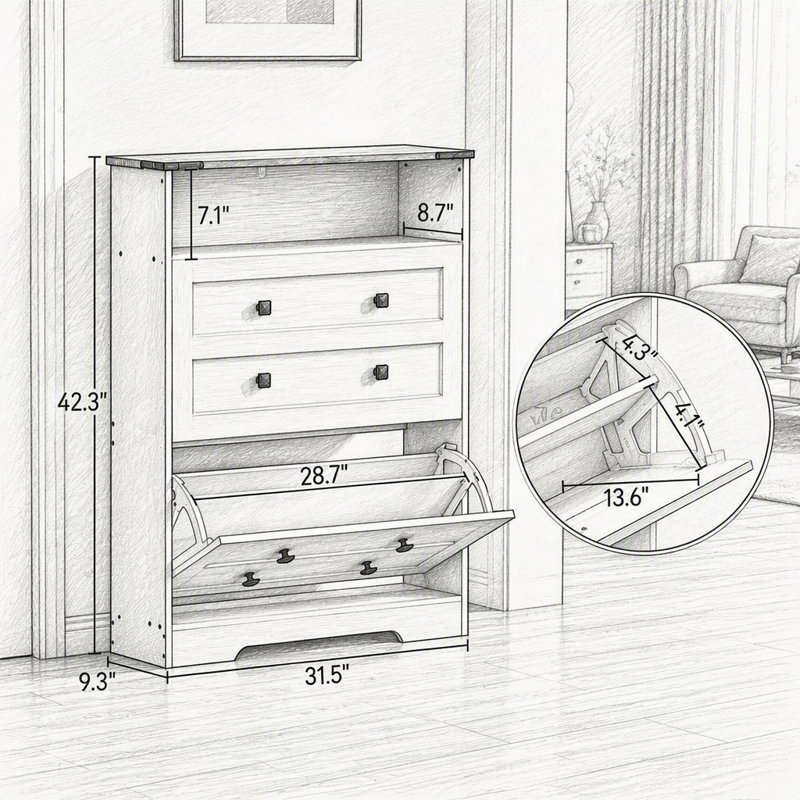 Meuble à chaussures étroit et moderne avec 2 tiroirs rabattables et une tablette ouverte, meuble de rangement à chaussures mince pour entrée et couloir.
