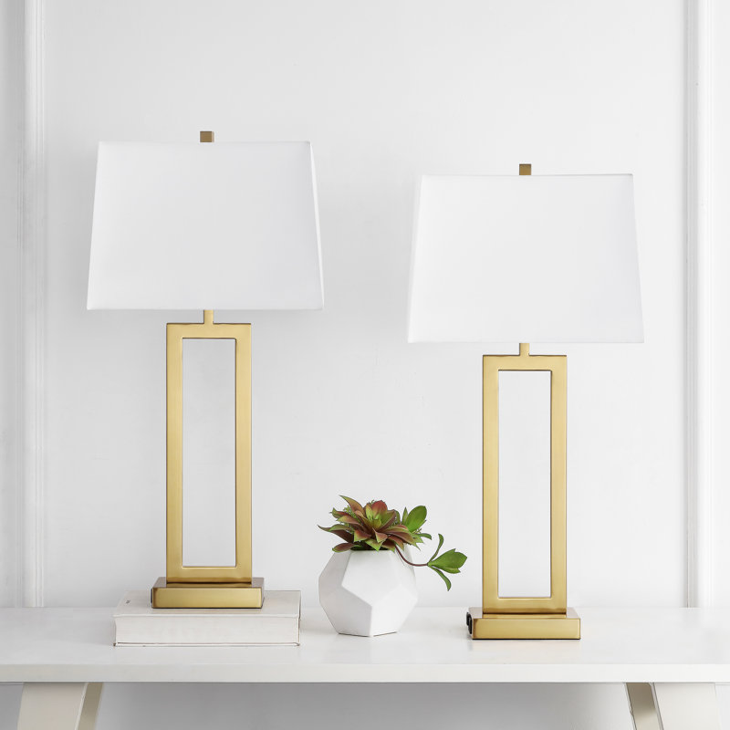 Rogina 28.5" Metal Table Lamp Set with USB Type-C Ports and Built-in Outlet, White, Brushed Gold