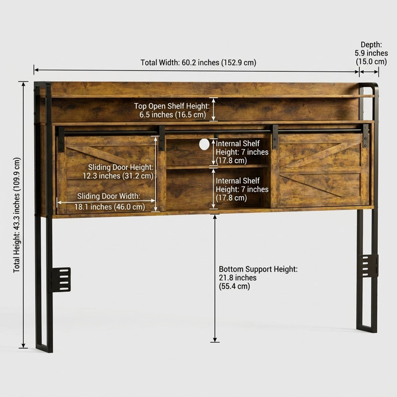 Headboard with Storage, Outlets, USB Ports, and LED Light Strip, Brown, Queen