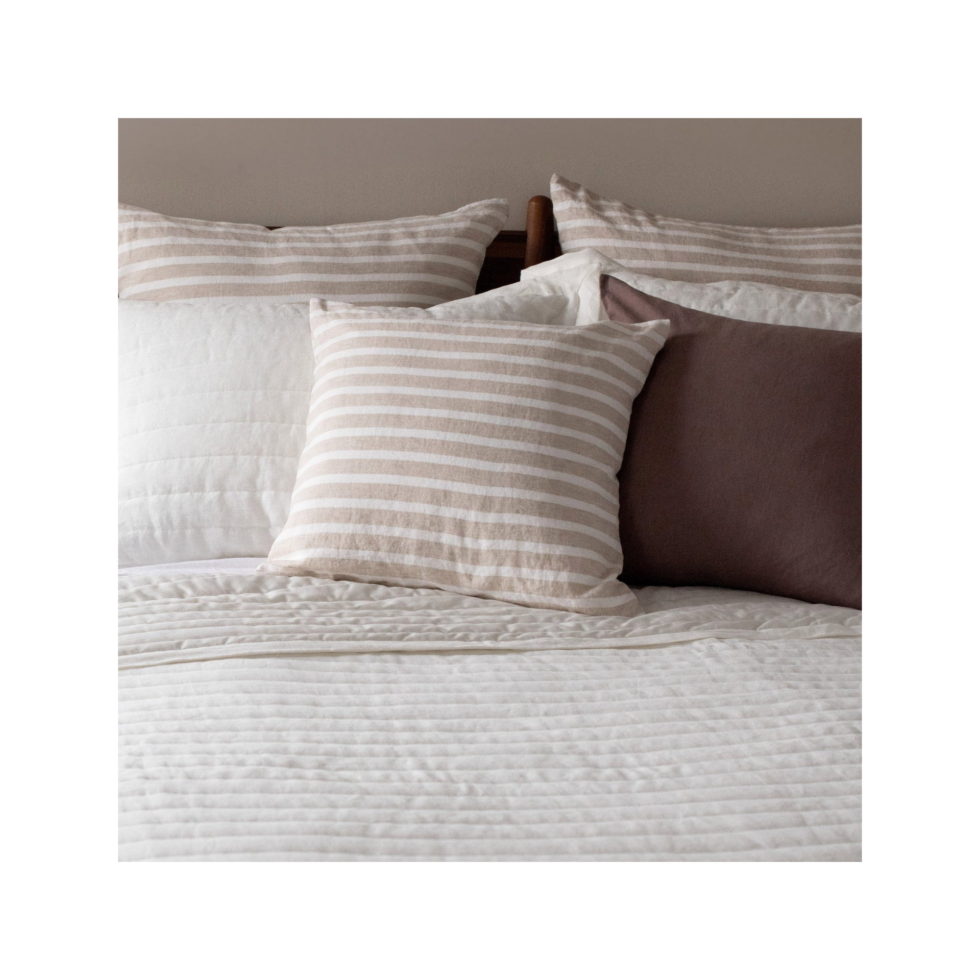 100% French Linen Pillow Sham, Square 20", Putty & Cream Stripe
