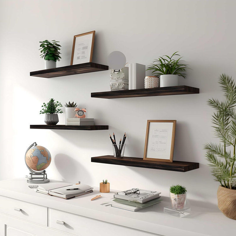 Ensemble de 4 tablettes flottantes rustiques pour le mur - tablettes murales en bois massif pour la chambre à coucher, le salon, la cuisine, la salle de bain - facile à installer