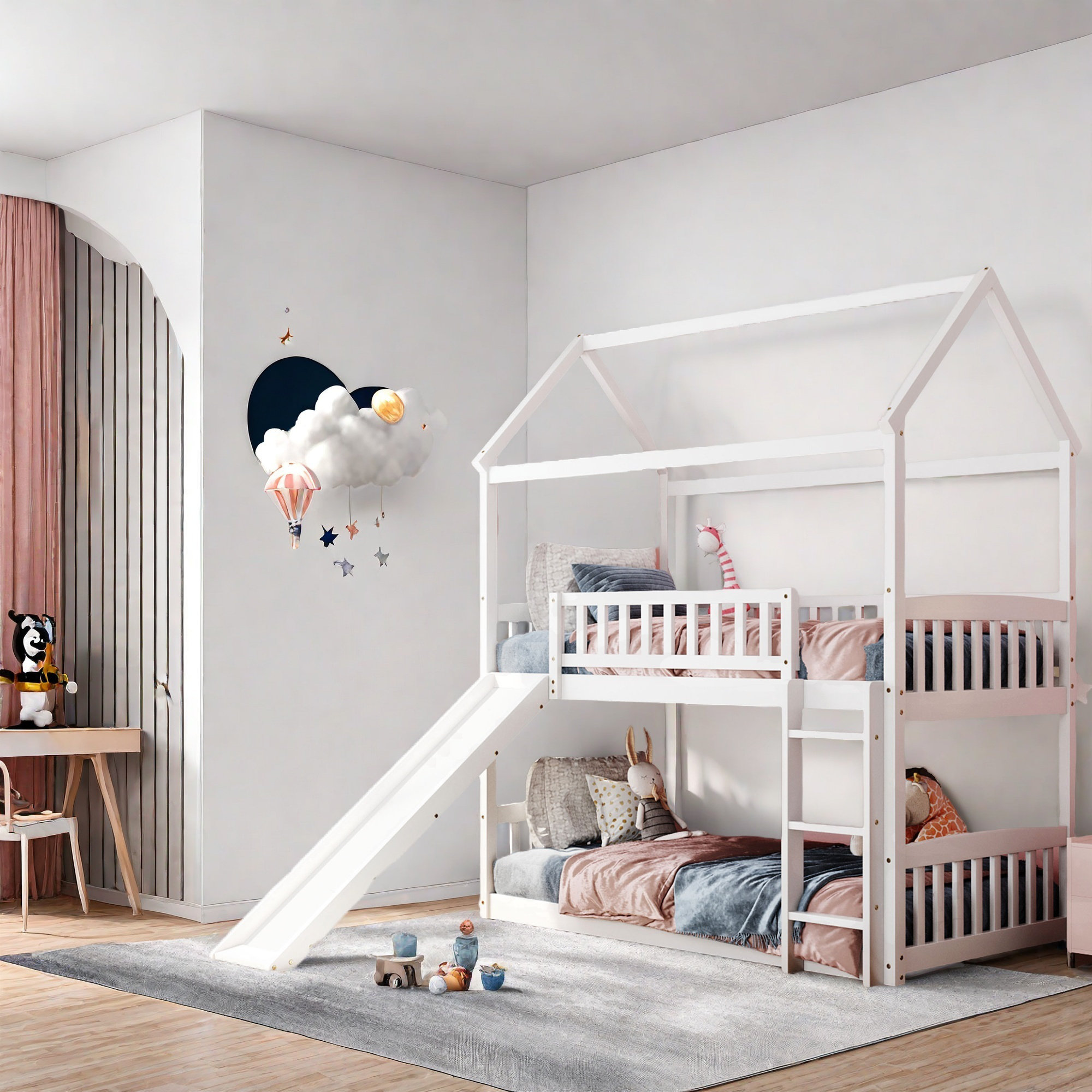 Harper Orchard Twin Over Twin Bunk Bed With Slide, House Bed With Slide ...