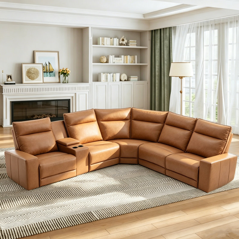 Sauceda 3 - Piece Classic Tan Faux Leather Upholstered Power Sectional Motion Sofa With Console