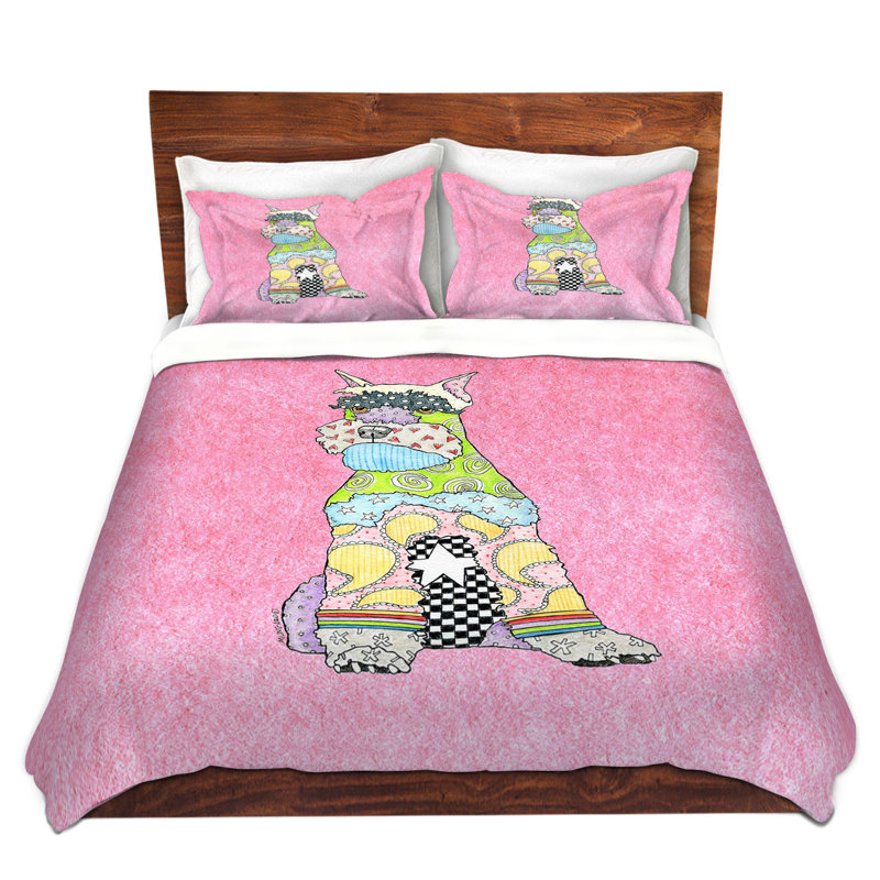Ensemble de housse de couette schnauzer dog, 1 housse de couette grand + 2 taies standards, Rose / jaune / gris