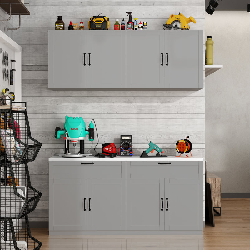 Split 8 Door 2 Drawer Garage Cabinet With Worktop, Gray