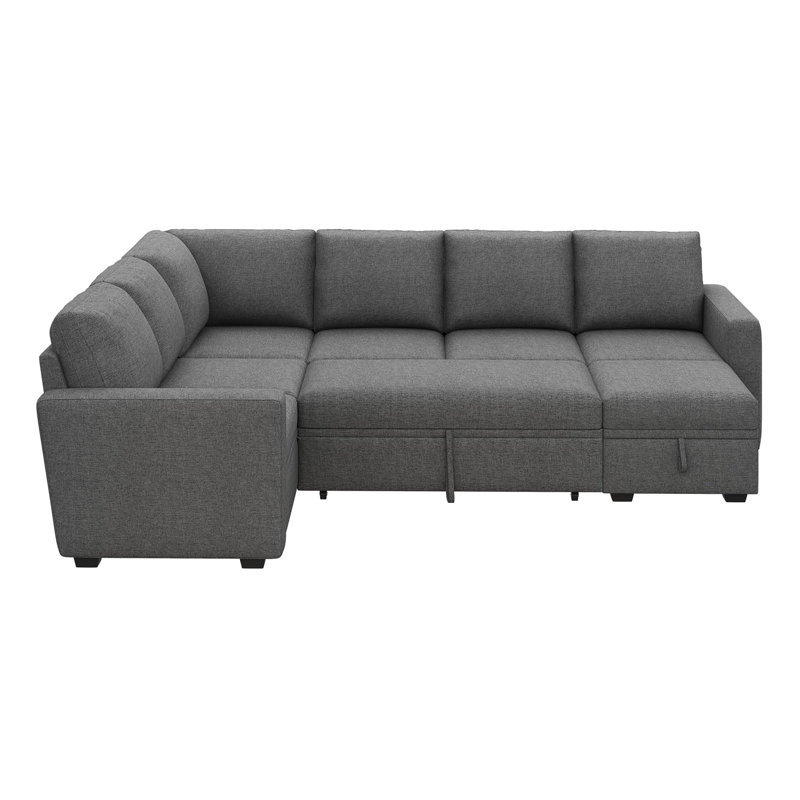 Hoelscher U Shaped Sleeper Corner Sectional Pull Out Sofa Bed With Storage Space, Polyester gris