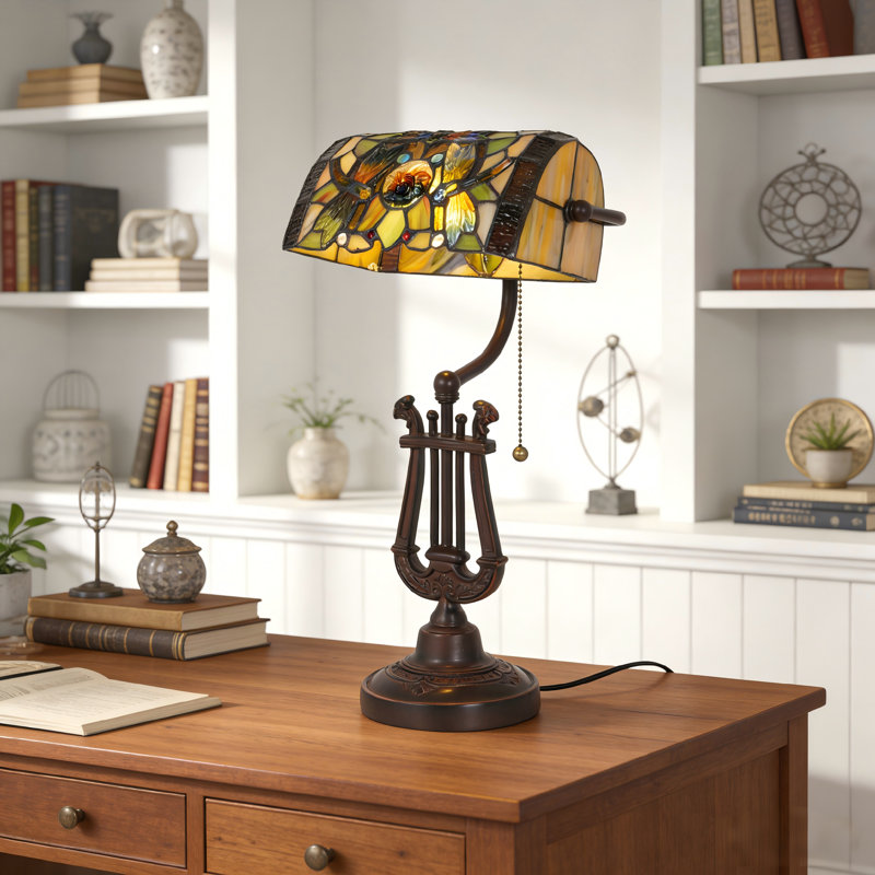 17.5" Vintage Bankers Lamp With Pull Chain Switch Tiffany Stained Glass Shade Table Lamp (Bulb Included)