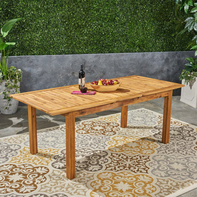 Myren Modern Farmhouse Expandable Solid Natural Acacia Wood Outdoor Dining Table with Slatted Top and Umbrella Hole