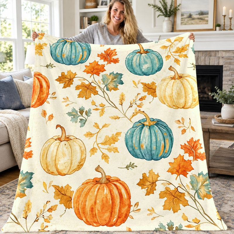 1pc Cozy Pumpkin and Maple Leaf Blanket, Autumn Harvest Watercolor Throw, Soft Warm Flannel Blanket for Sofa Couch Bed Living Room Bedroom, Thanksgiving Holiday Home Decor Gift, Machine Washable