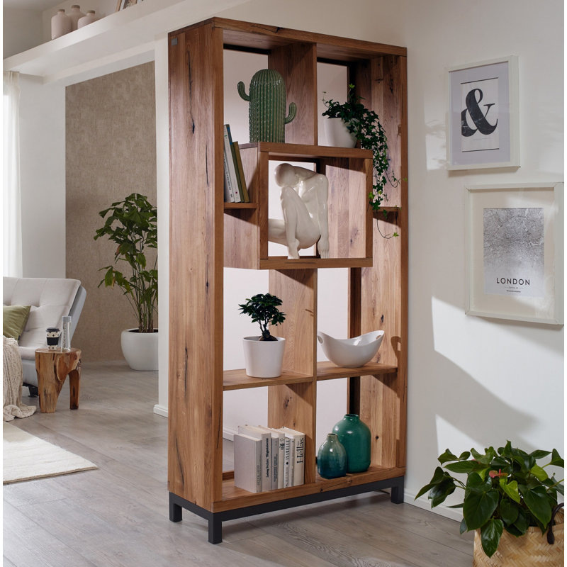 Villanders 200cm H x 100cm W Solid Wood Geometric Bookcase, Tobacco brown