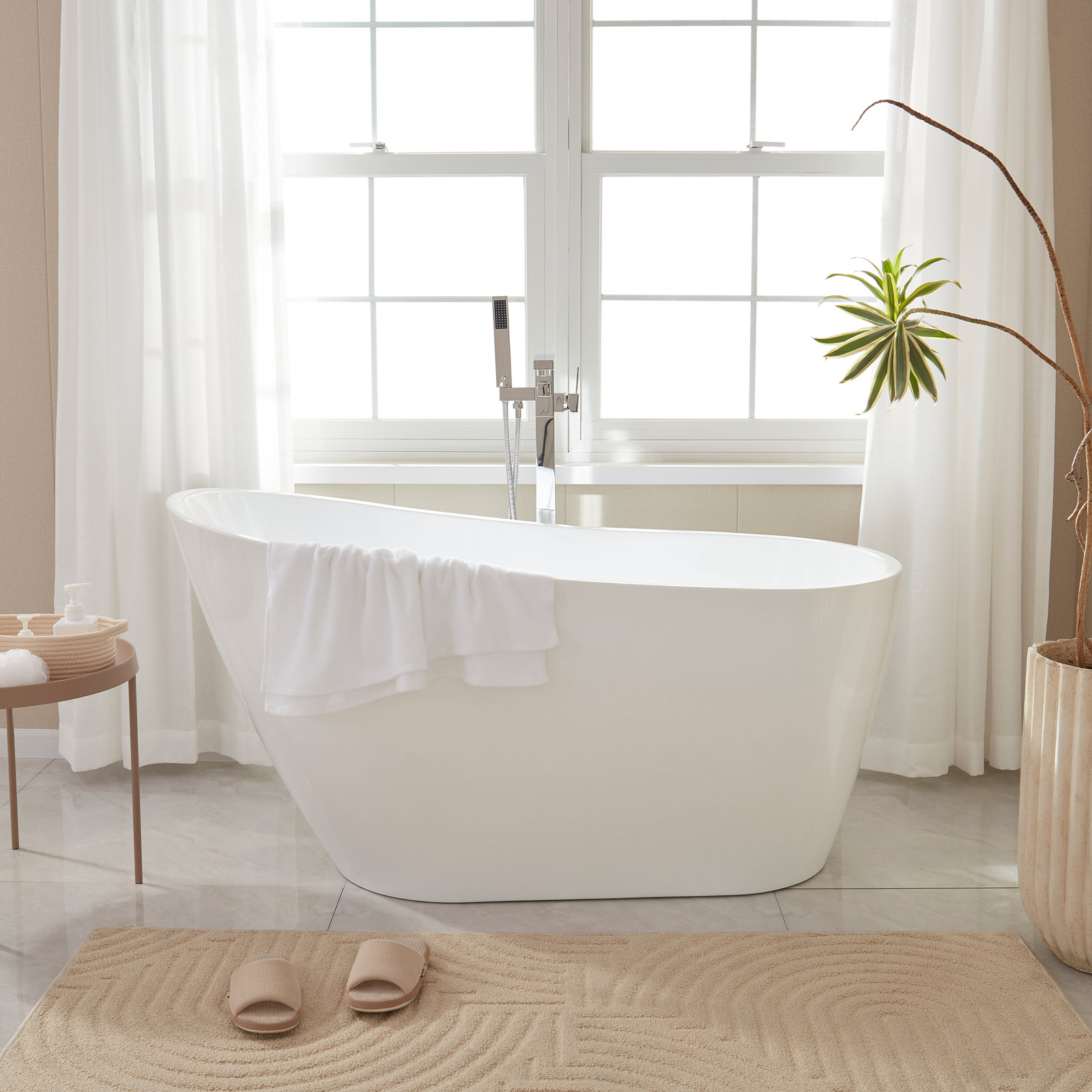 Cora 55" Freestanding Soaking Bathtub, White/Polished Chrome