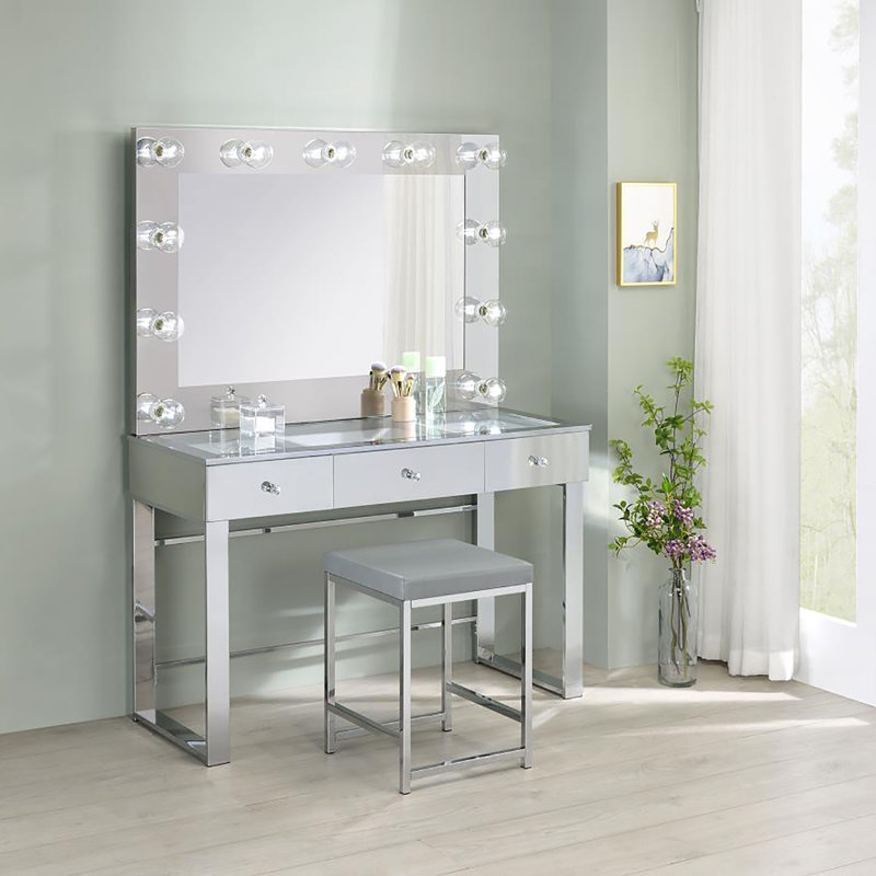 Light Grey Upholstered Square Vanity Stool, Light Gray