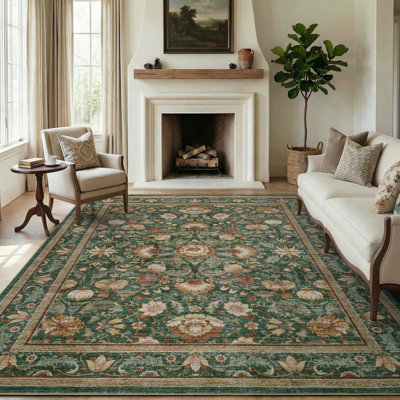 Soft Washable Non-Slip Vintage Floral Area Rug For Living Room, Bedroom In Dark Green Multi