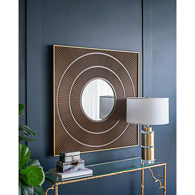 Square Carved Mirror With Pleated Design, Neutral Colorway Wall Decor, Gold/Brown