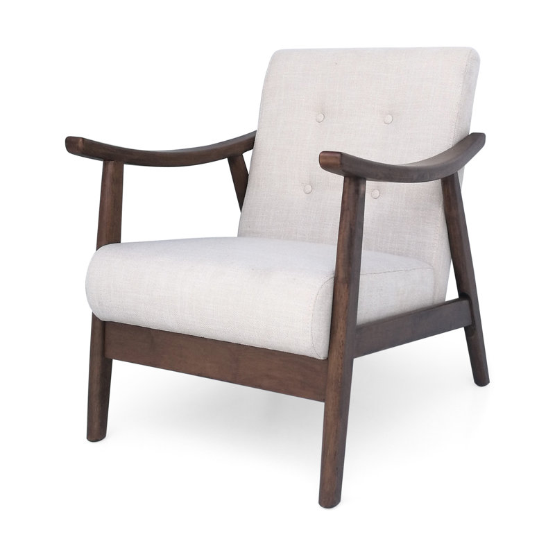 Chaise d'appoint Mid-Century moderne, fauteuil rembourré beige avec structure en bois d'hévéa brun et support solide