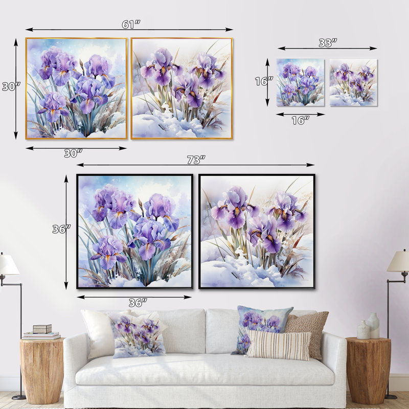 Mauve mauve iris en hiver - ensemble de 2 collages carrés iris, Cadre flottant noir, H 16 po x l 33 po