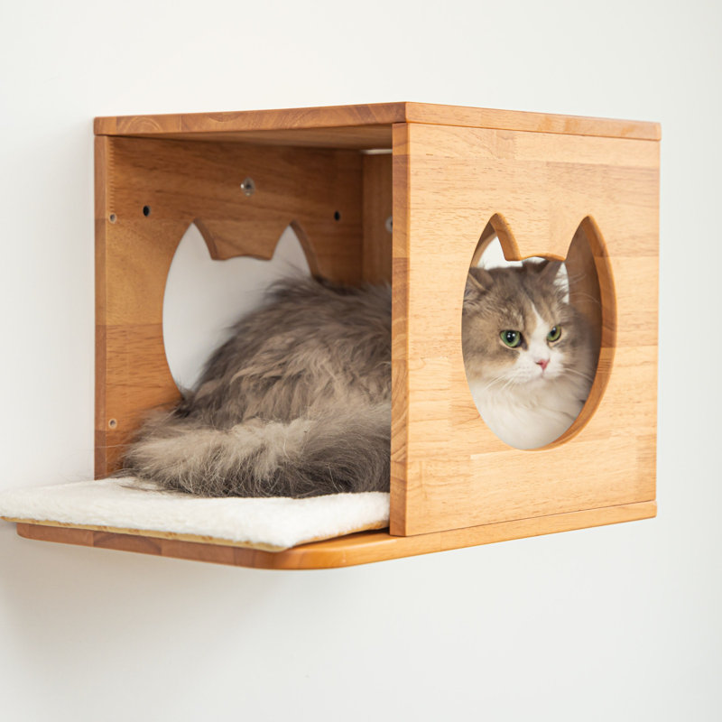 Solid Wood Wall Mounted Cat House with Front Perch