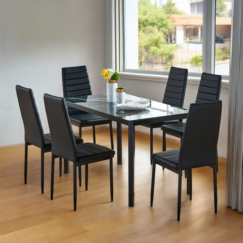 Rosenzweig 6 - Person Glass Top Four Leg Dining Set, Marble