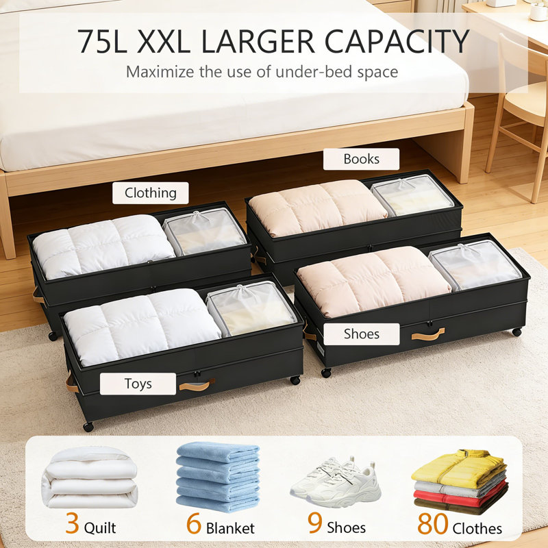 Contenants de rangement sous le lit avec roulettes, paquet de 2 grands bacs de rangement roulants à hauteur réglable de 75 litres avec couvercles transparents pour vêtements, chaussures, couvertures et articles saisonniers