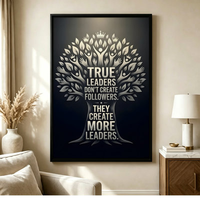 24" x 36" Black Framed Canvas Wall Art Leadership tree with human figures and crowns, Typography art style. Print on Canvas for Living Room Bedroom