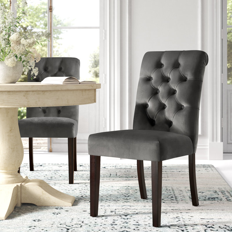 Ameriga 19.3'' H Tufted Upholstered Parsons Chair, Silver Velvet, Antique Golden