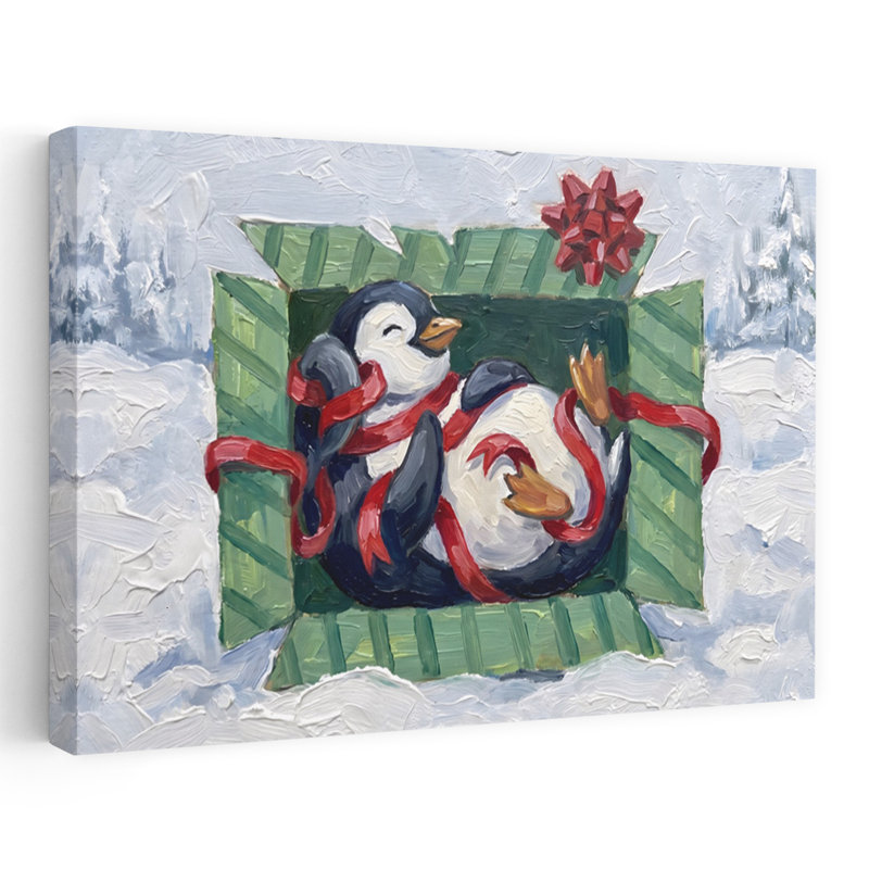Happy Penguin Gift Playful Abstract Contemporary Penguin Winter Landscape Wall Art Print, 101.6cm H x 152.4cm W