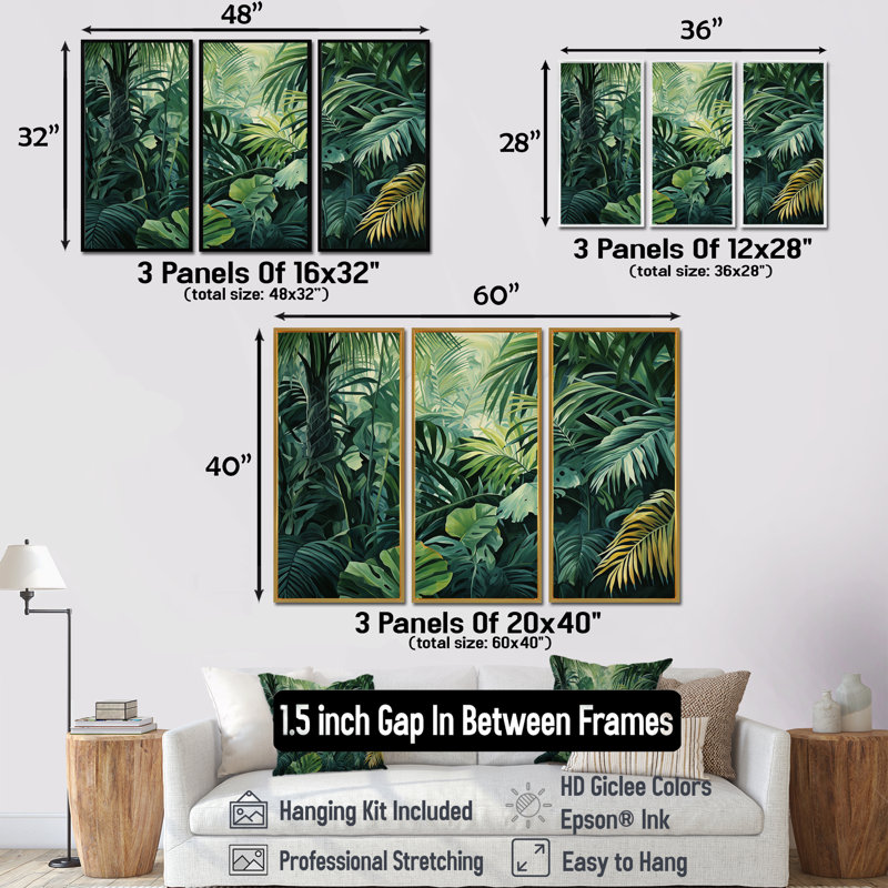 Jade, jungle épaisse, jungle de palmiers II, H 28 po x l 36 po, Cadre flottant brun