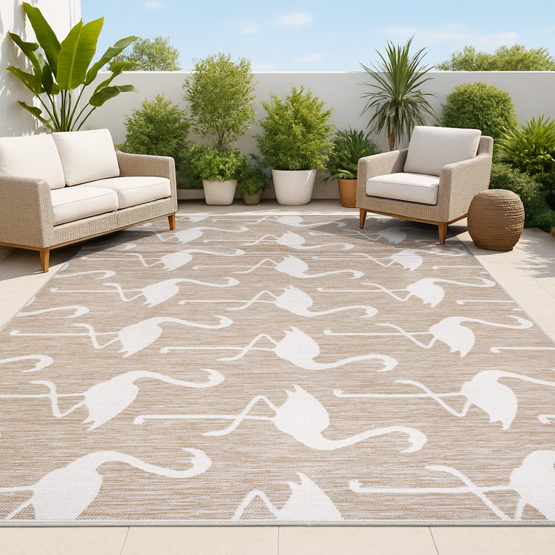 Cindia Casual Coastal Flamingos Two-Tone Beige/White Indoor/Outdoor Rug, Runner 2' x 7'10"