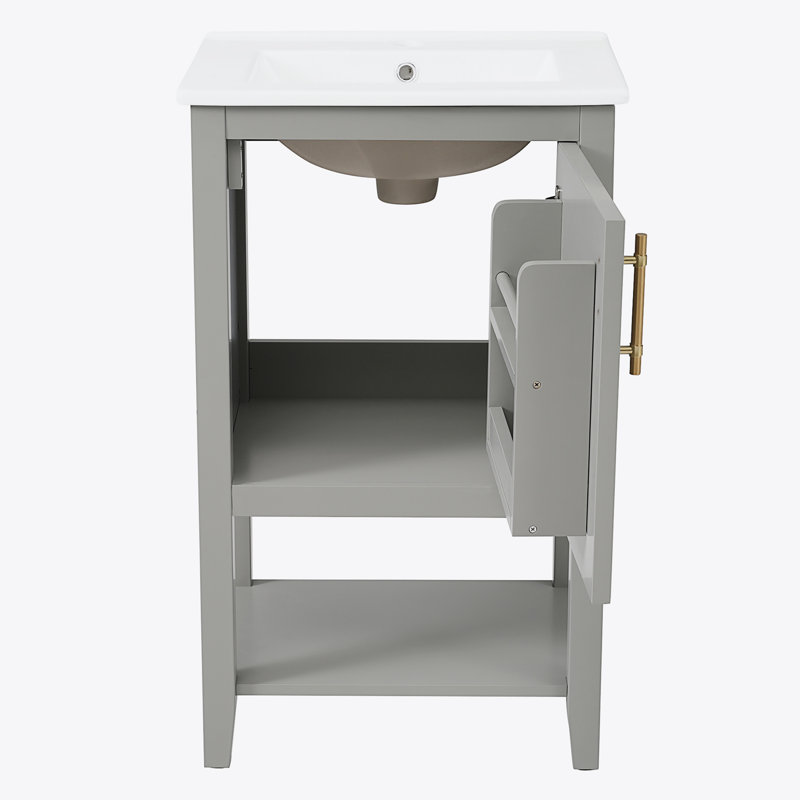 Meuble-lavabo de salle de bain avec lavabo, armoire de salle de bain avec porte à fermeture douce, support de rangement et tablette ouverte