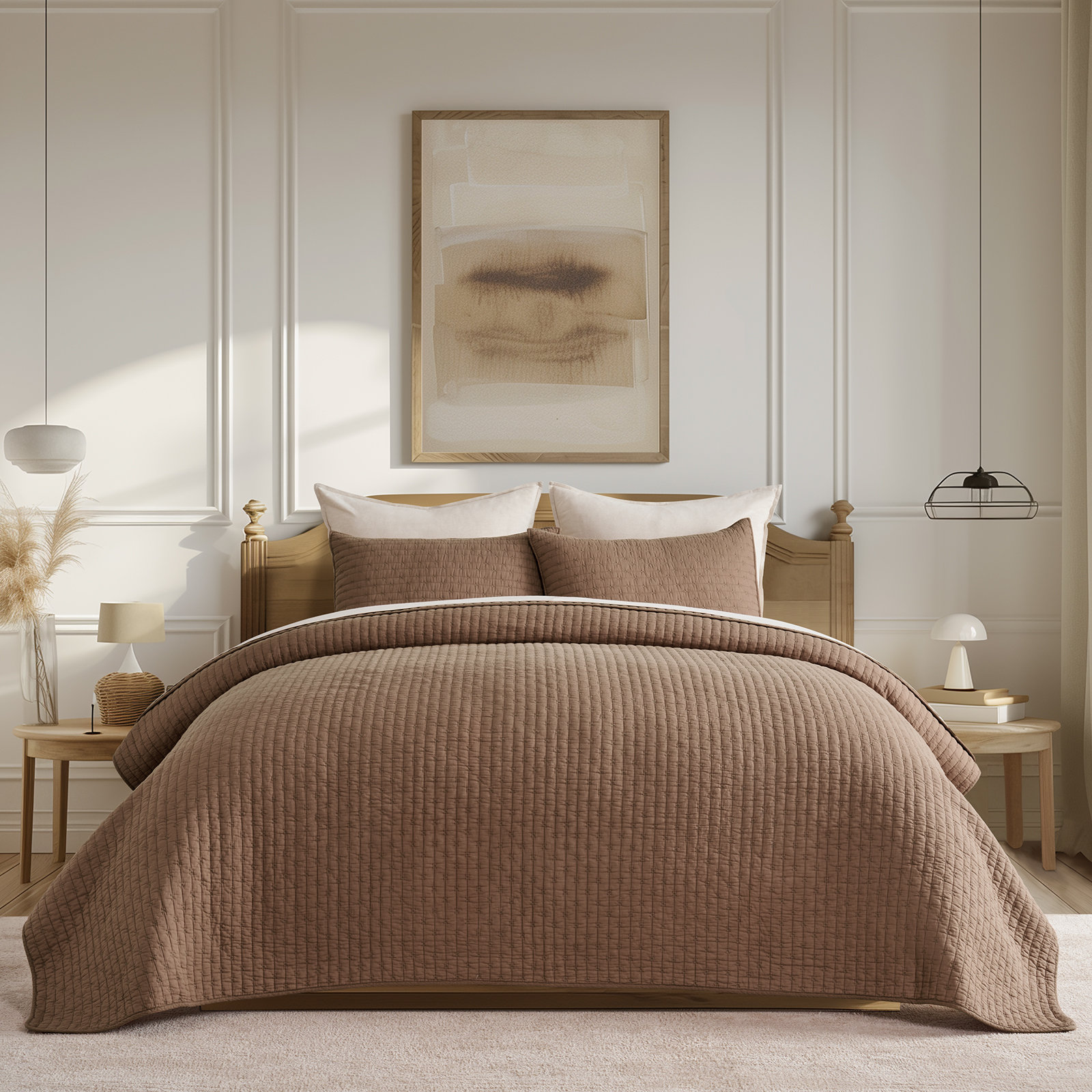 Cross Stitch Cotton Quilt set, Flax Beige, King + 2 Shams
