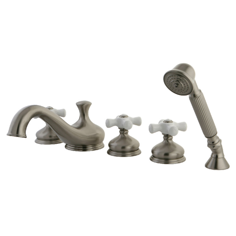 Kingston Brass Three-Handle 5-Hole Deck Mount Roman Tub Faucet with Hand Shower, Brushed Nickel