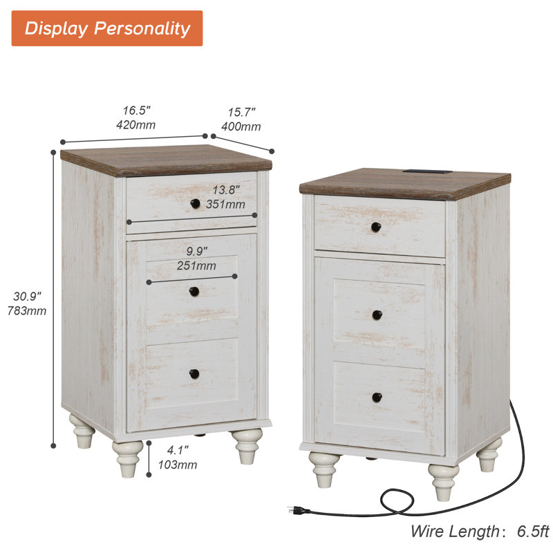 Ensemble de table de chevet Corretta avec rangement et prises intégrées (ensemble de 2), Blanc rustique / brun
