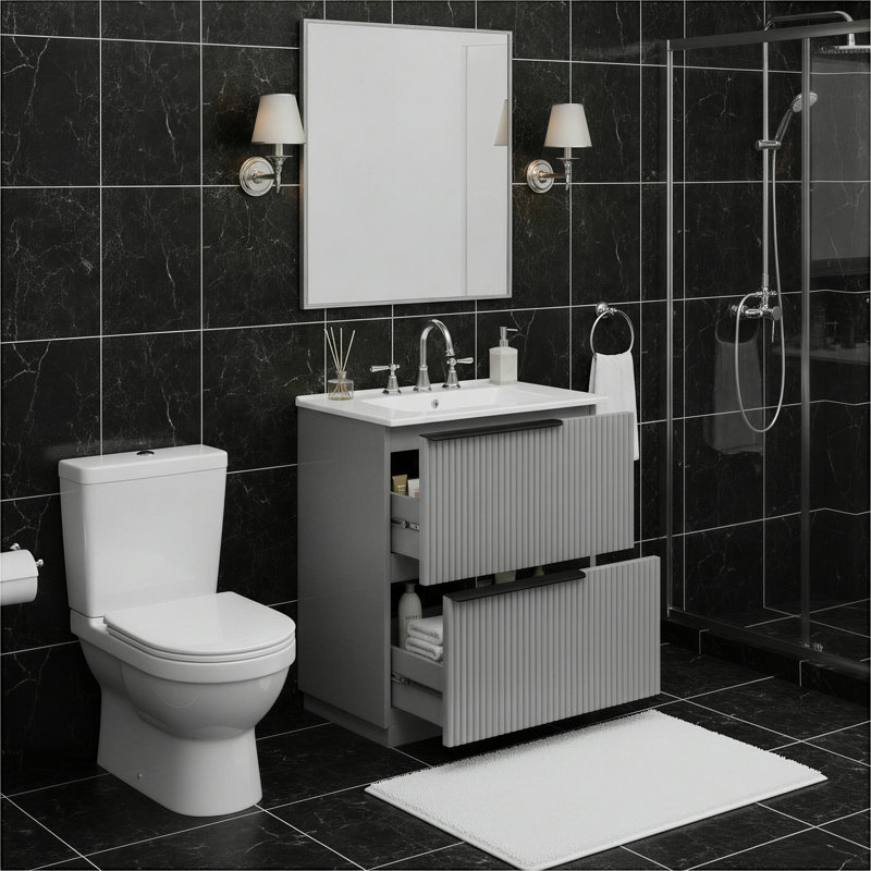 Meuble-lavabo sur pied cannelé de 76 cm (30 po) avec lavabo en céramique, tiroirs à extension complète et fermeture amortie, meuble de rangement moderne pour salle de bain