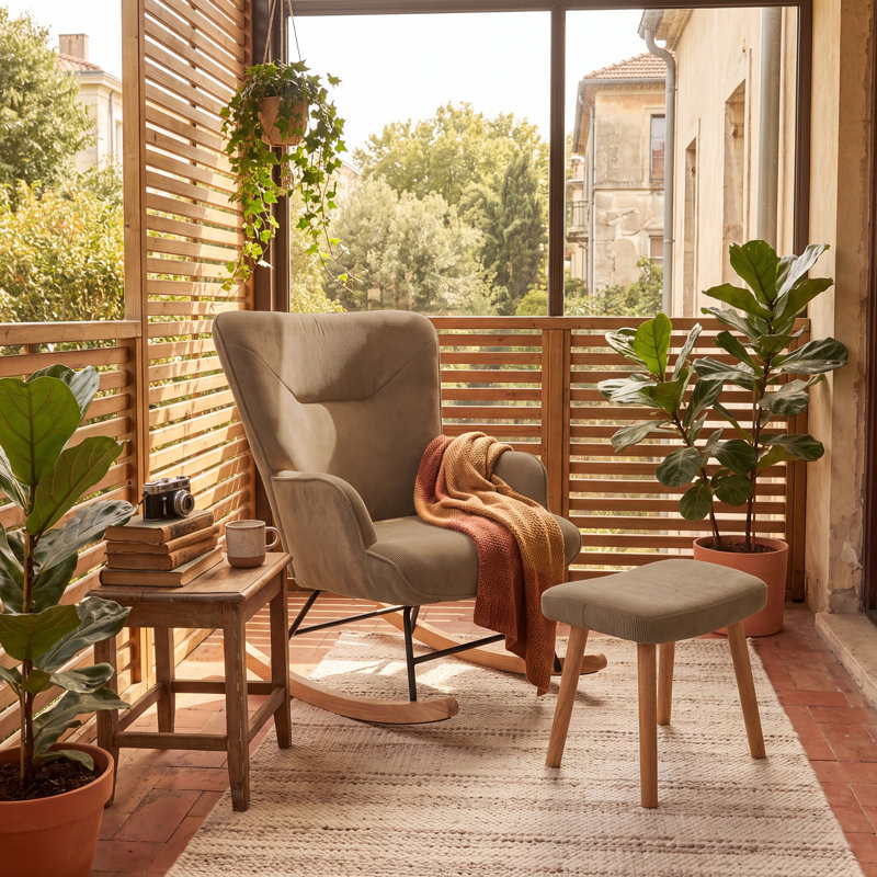 Solid Wood and Iron Rocking Chair, Corduroy, Camel