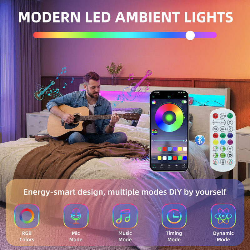 King Size White Headboard with LED Lights, Charging Station & Storage Shelf, Wooden Bed Headboard with Hidden Compartment & USB/AC Outlets, Modern RGB LED Bed Headboard for Bedroom