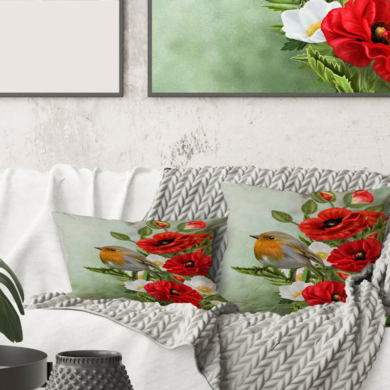 Oiseau avec coquelicots et anémones, housse de coussin carrée et insert, 18" x 18"