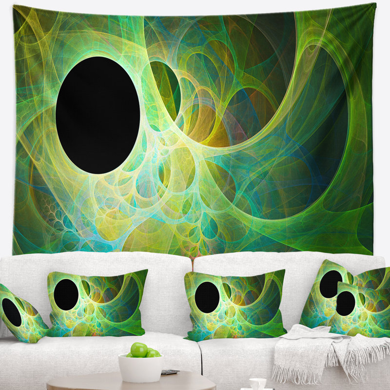 Tapisserie abstraite avec ailes d'ange vert fractal, H 78 po x l 92 po