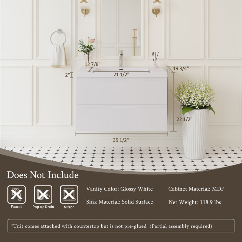 36" Floating Bathroom Vanity With Sink, Glossy White, 35"