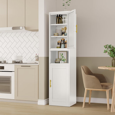Armoire de rangement pour salle de bain de 66,93 po de hauteur, armoire de rangement en métal avec 2 portes et tablettes, petit organisateur de salle de bain autoportant en acier avec comptoir ouvert pour la cuisine, blanc
