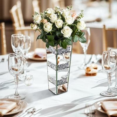 Crushed Diamond Mirrored Flower Table Vase Standing Floral Arrangement Crystal Glass Vase
