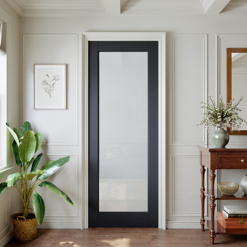 Intérieur 1-Lite cadre noir et porte en verre givré, porte de dalle simple apprêtée à noyau solide, verre trempé certifié SGCC, pré-fini et facile à faire soi-même en satin, sans quincaillerie, garde-manger, chambre à coucher, salle de bain et garde-robe, pour pré-suspendu, français et poche Porte, 24 po x 80 po