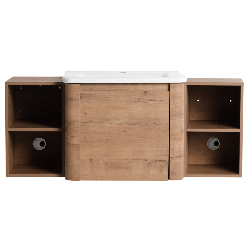 Meuble-lavabo mural de 48 po avec lavabo en céramique blanche, tablettes de rangement et 45 poignées à bord incliné pour une porte à fermeture en douceur